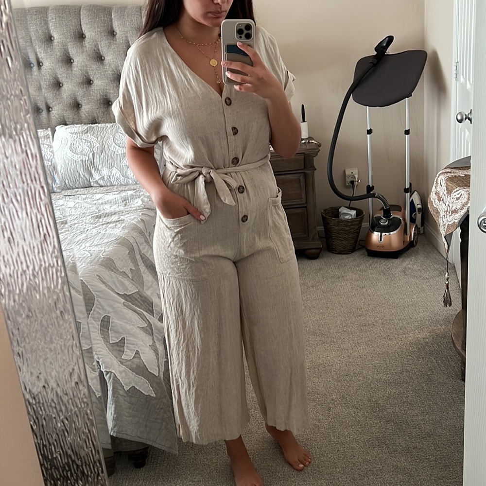 H&M Beige Linen Belted Wide-Leg Ankle Jumpsuit - Size M